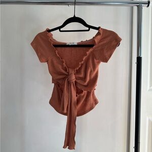 Active USA Terracotta Tie-Front Ribbed Blouse